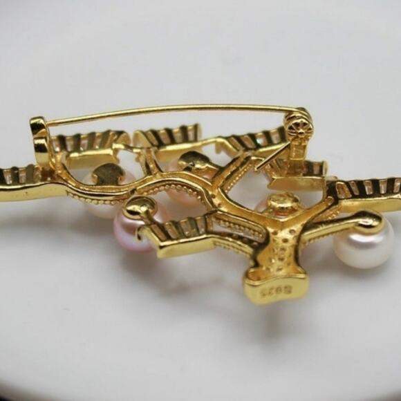 Luxurious Freshwater Pearl Tree Brooch Multi-Bead Cubic Zirconia Gold Plated NWT - Picture 4 of 9
